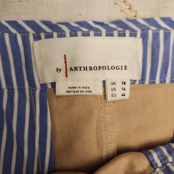 Anthropologie Tan A-Line Skirt Size 14 Blue‎ White Stripe Pockets Preppy EUC - Picture 2 of 6